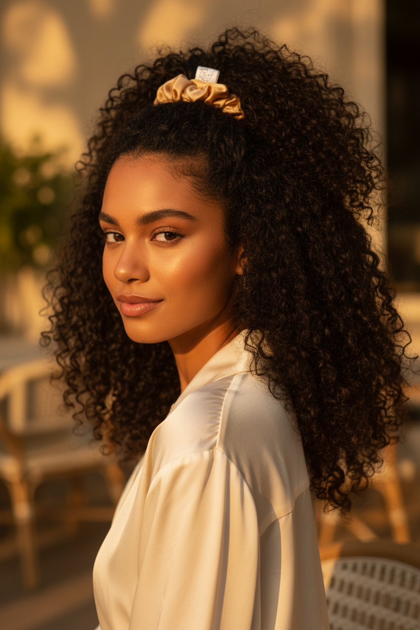 Luxe Satin - flat scrunchie, curly half-up, golden hour